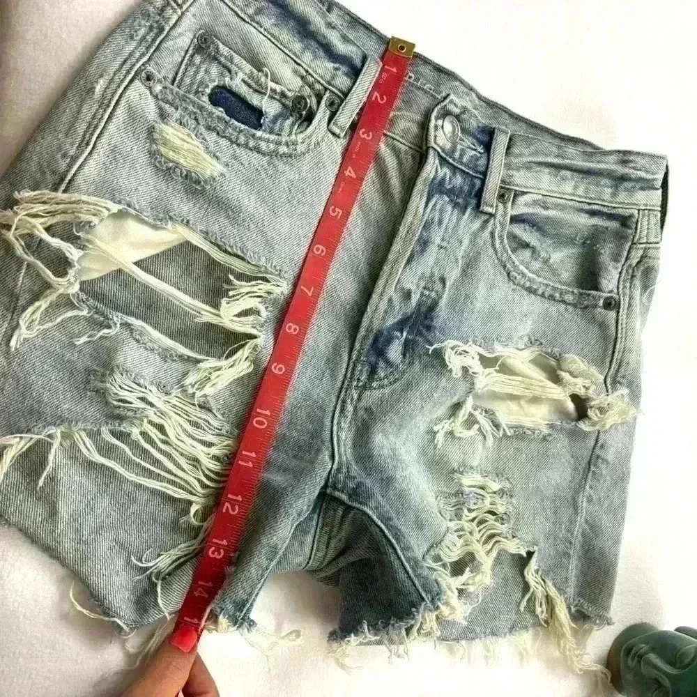 American Eagle ButtonFly Highrise Bleach Fade Distress Fray Denim Shorts Size 00
